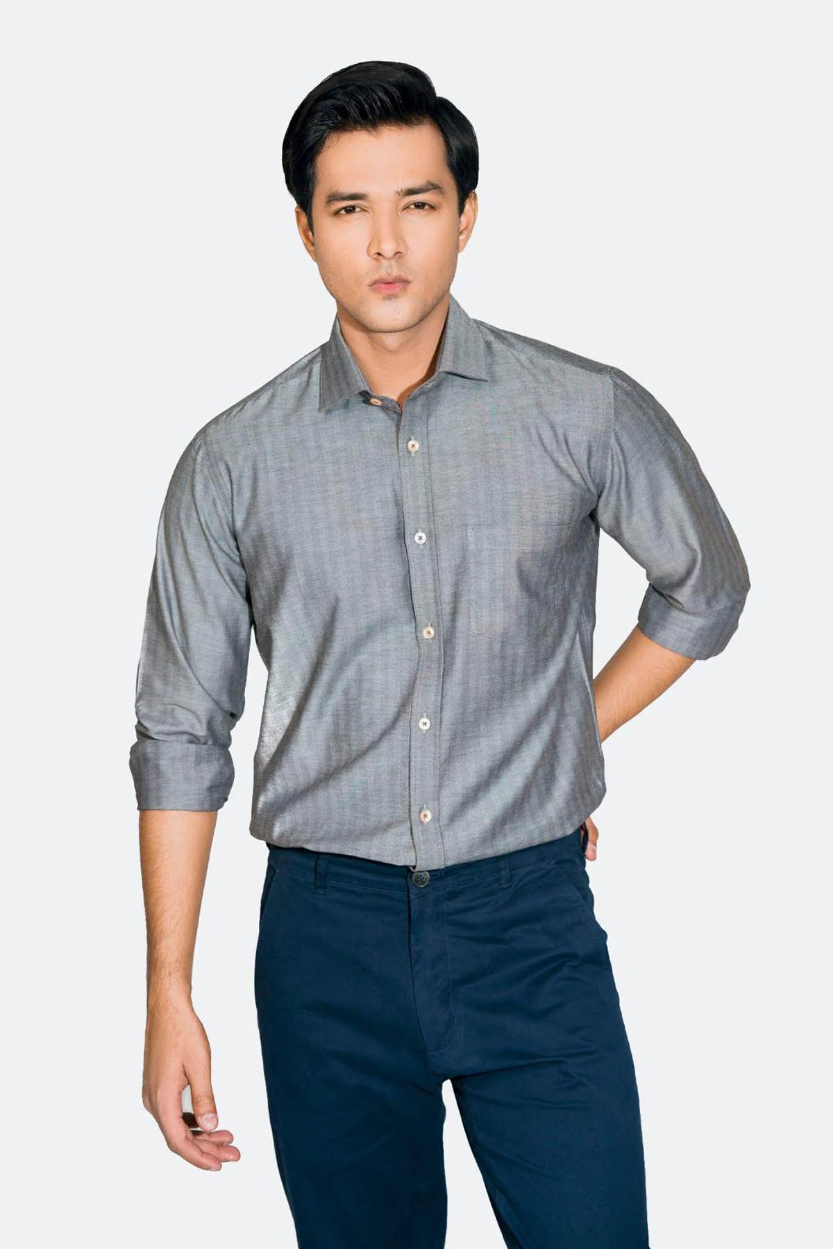 BRUMANO Grey Herringbone Pattern Formal Shirt Grey Men Shirts