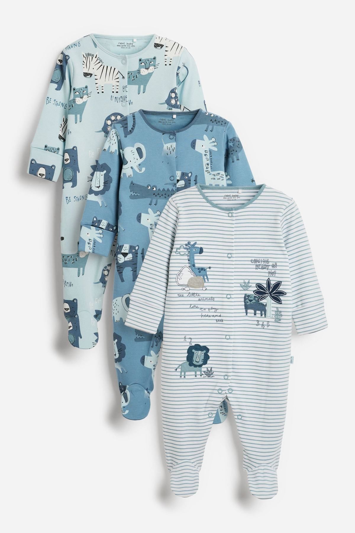 NEXT 3 Pack Embroidered Baby Sleepsuits Blue Girl