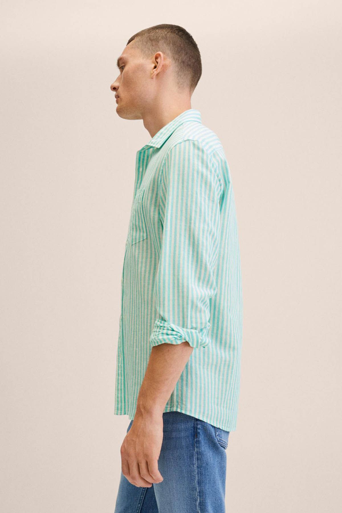 MANGO Slim fit striped linen shirt Aqua Green Men Shirts
