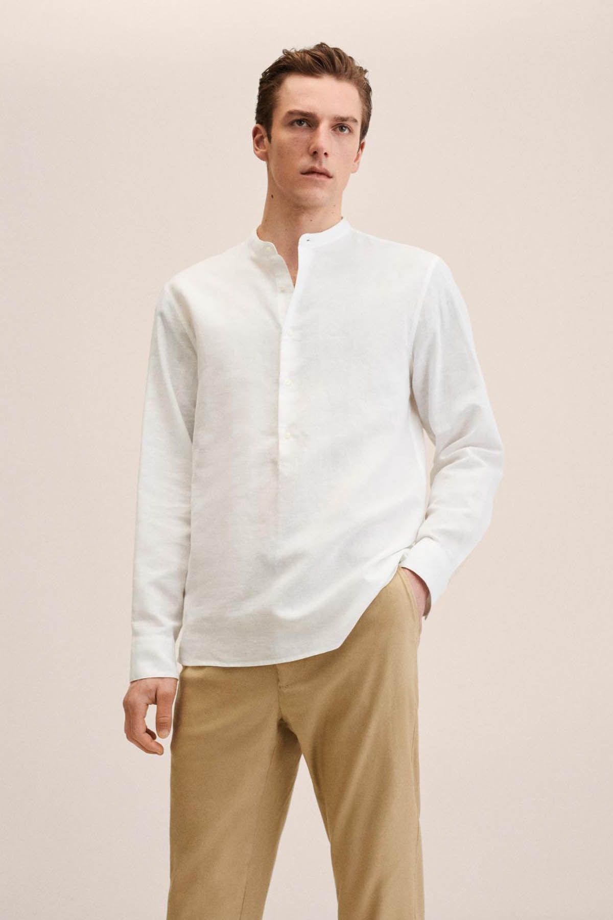 Natural White Cotton Linen Mandarin Collar Shirt –