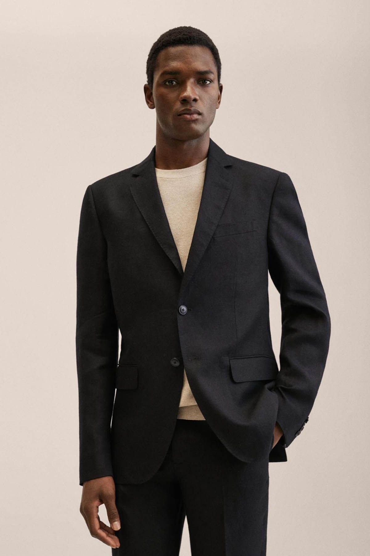 MANGO Slim fit linen suit blazer Black Men Blazers