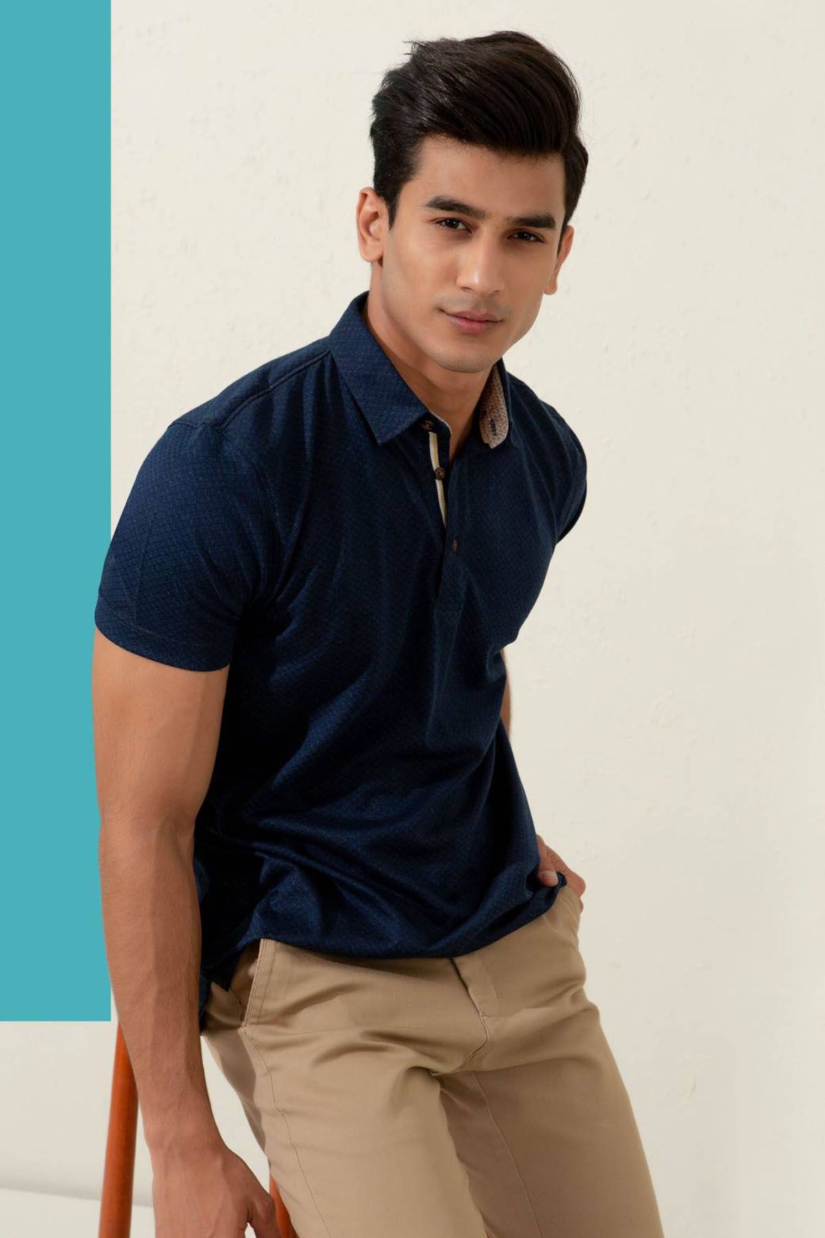 BRUMANO Navy Blue Geo Patterned Mercerized Polo Blue Men Polos