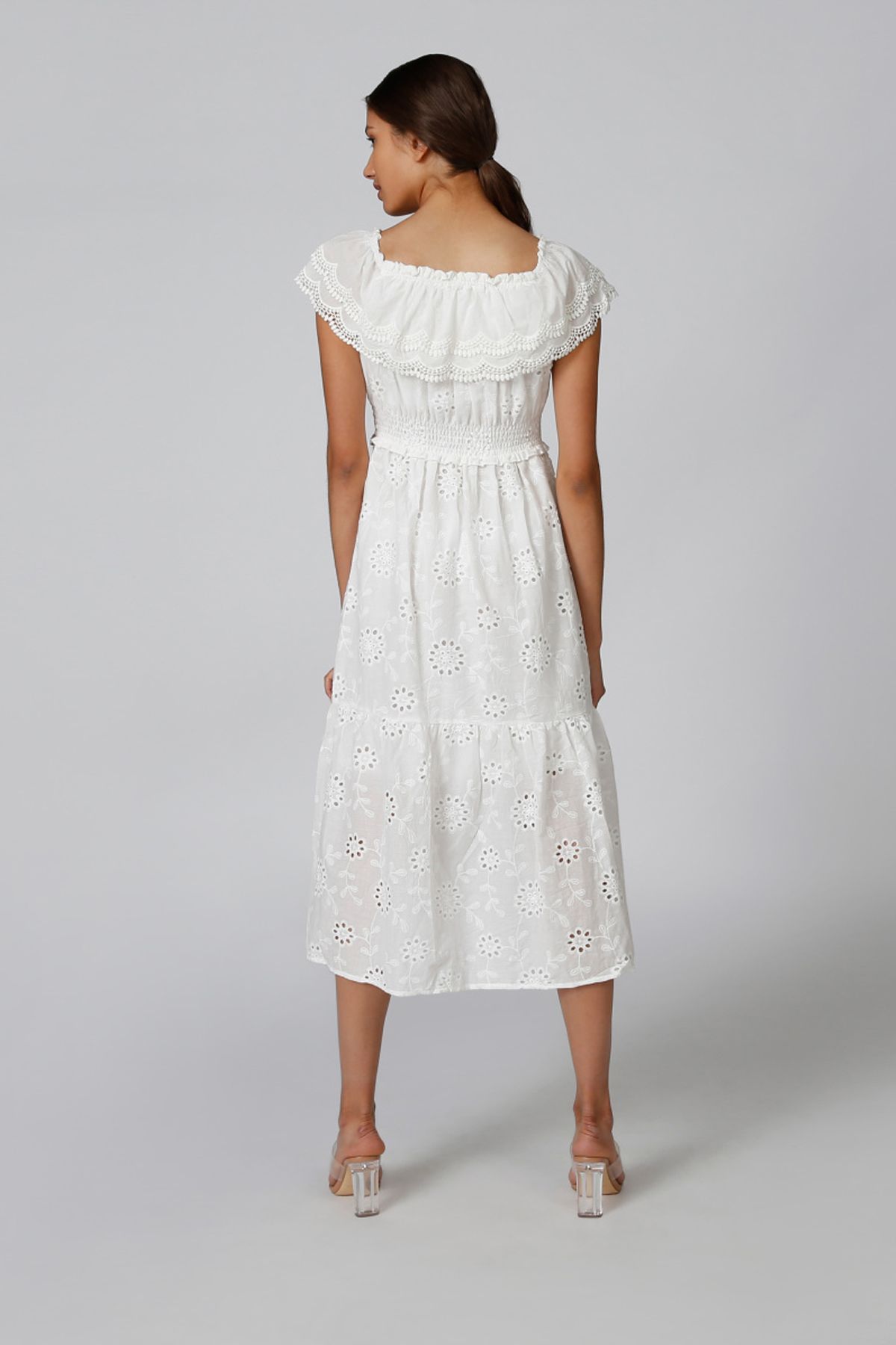 Splash Schiffli Midi Dress with Cap Sleeves and Smocking Detail White ...