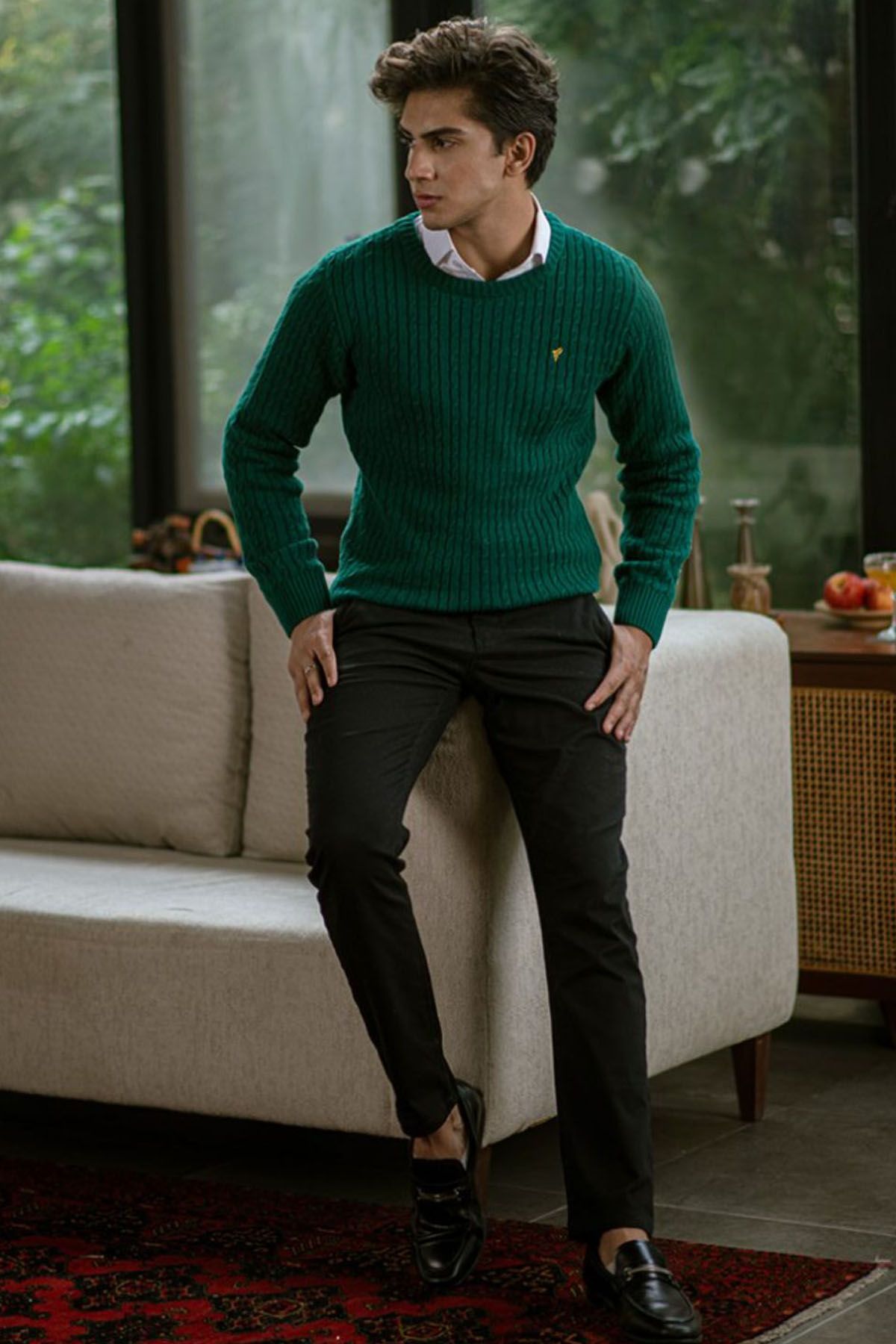 FITTED Green Cable Knit Sweater Green Men Sweaters