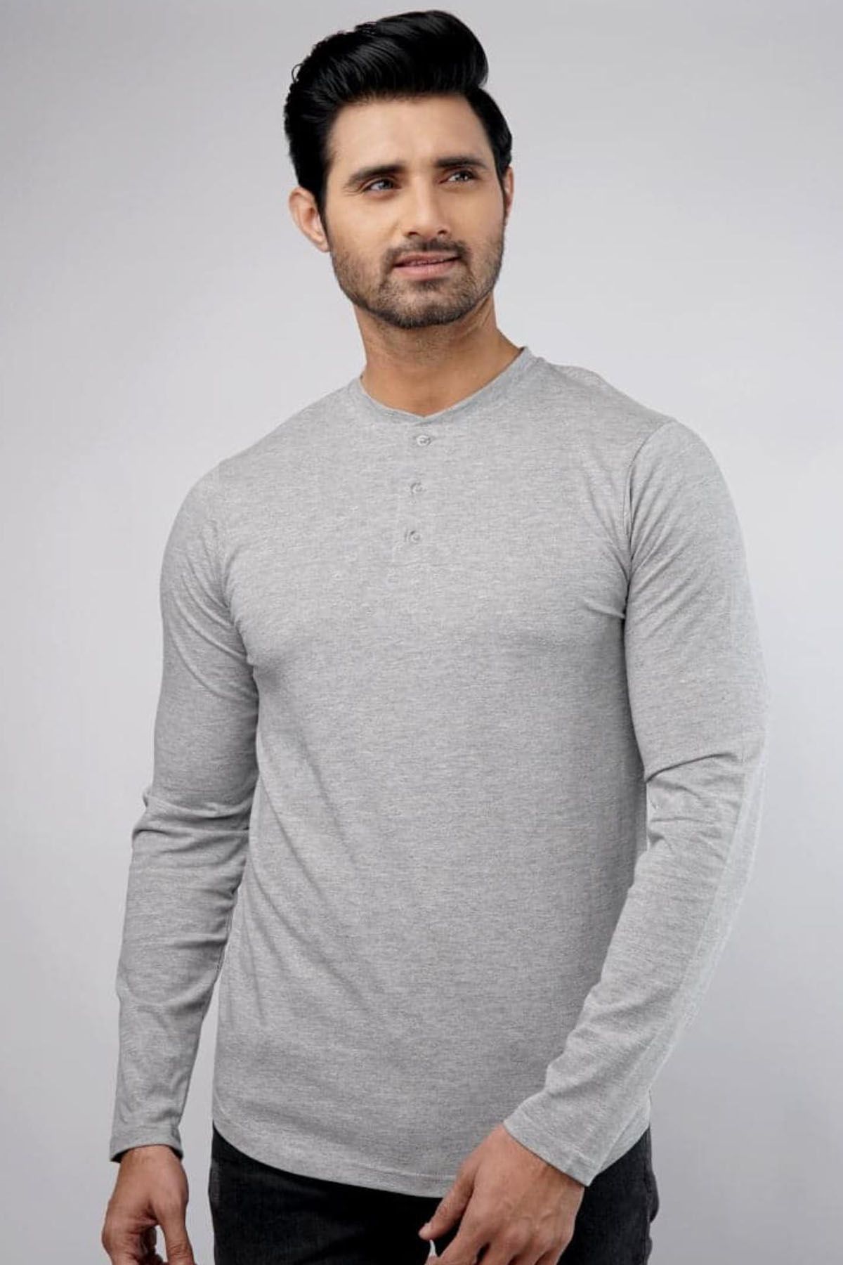 MENDEEZ Harbor Full Sleeves Henley Tshirt Heather Grey Men T-Shirts