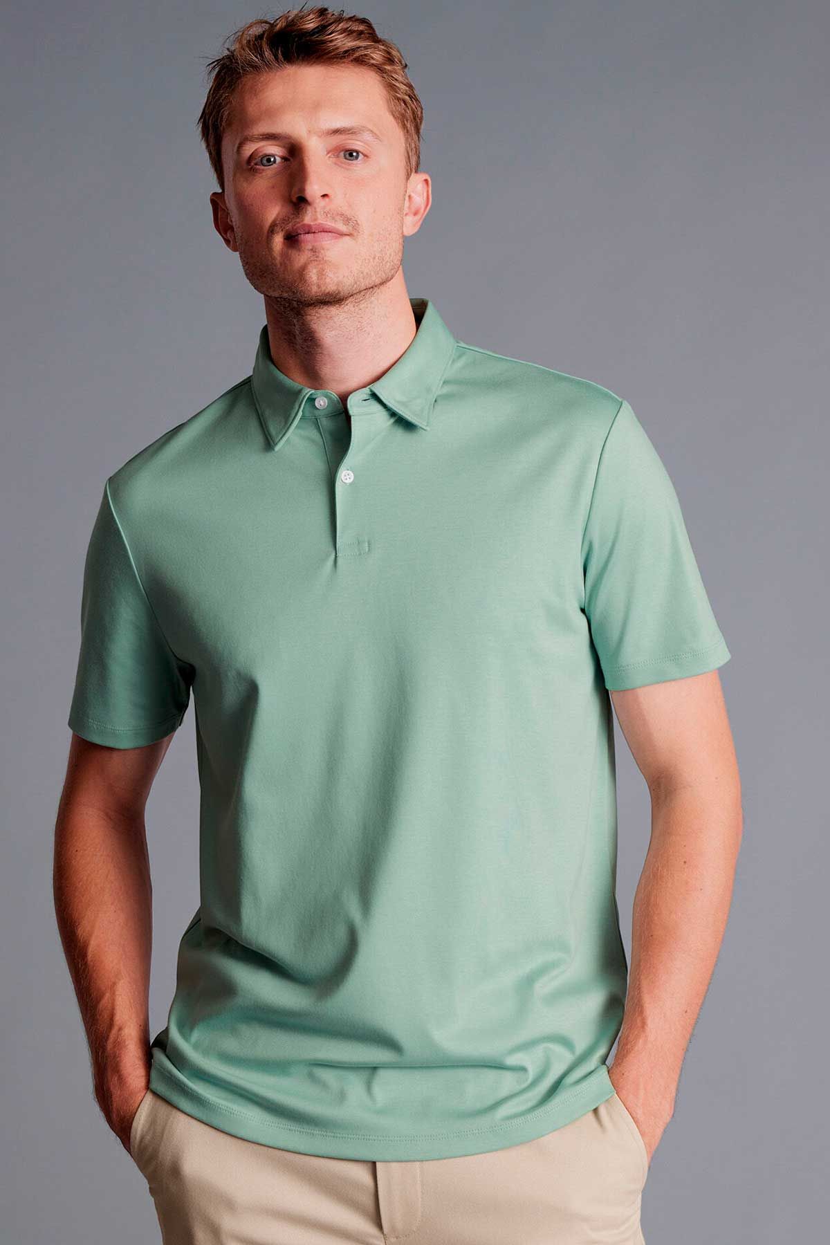 CHARLES TYRWHITT Spearmint Plain Short Sleeve Jersey Polo Green Men Polos