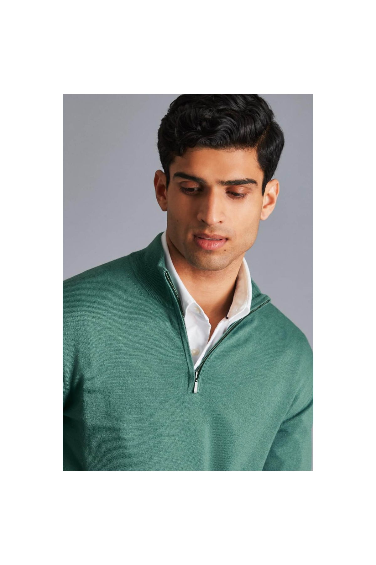 CHARLES TYRWHITT Green Pure Merino Zip Neck Jumper Men Zip Jumpers