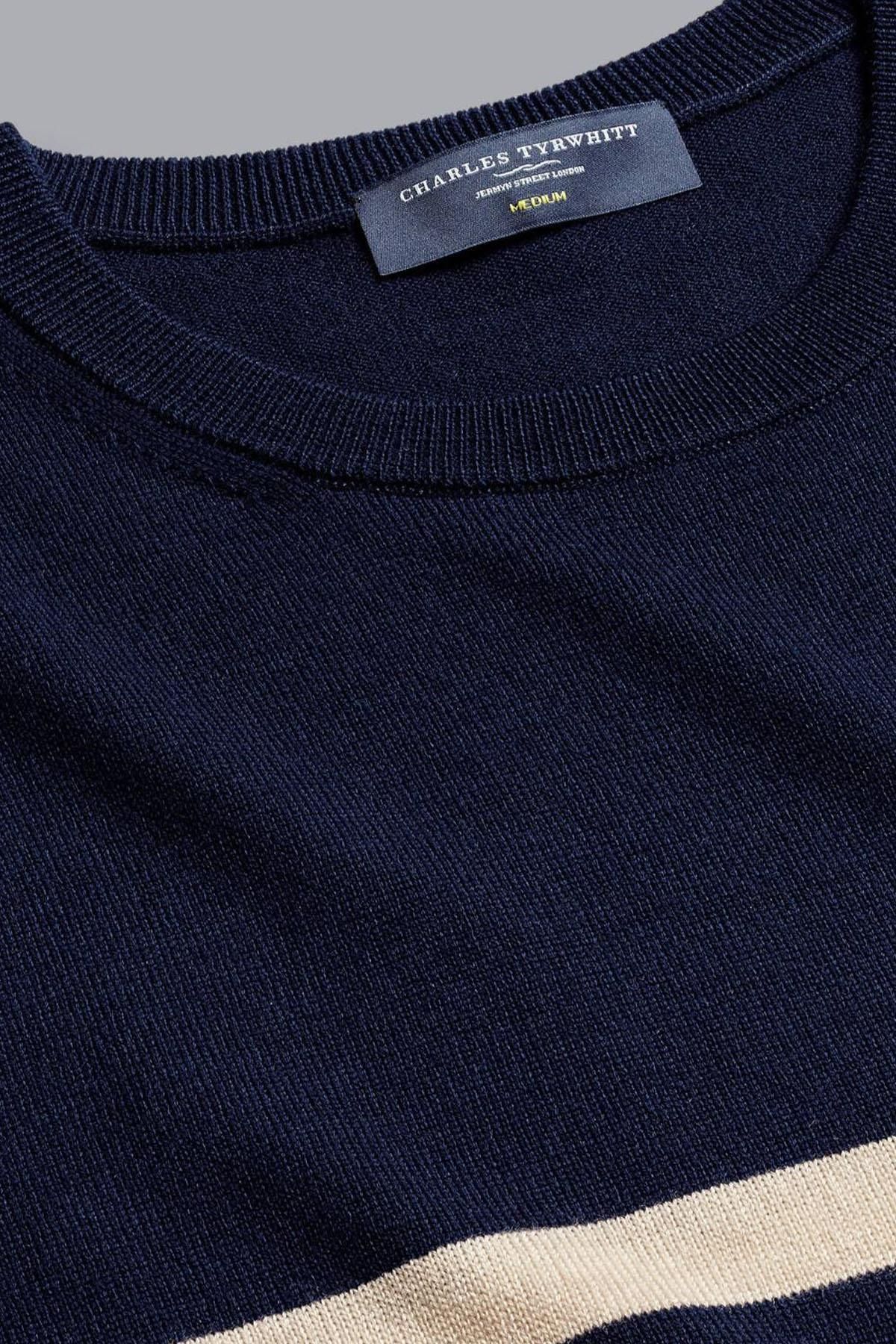 CHARLES TYRWHITT Navy Blue And Stone Pure Merino Striped Crew Neck ...