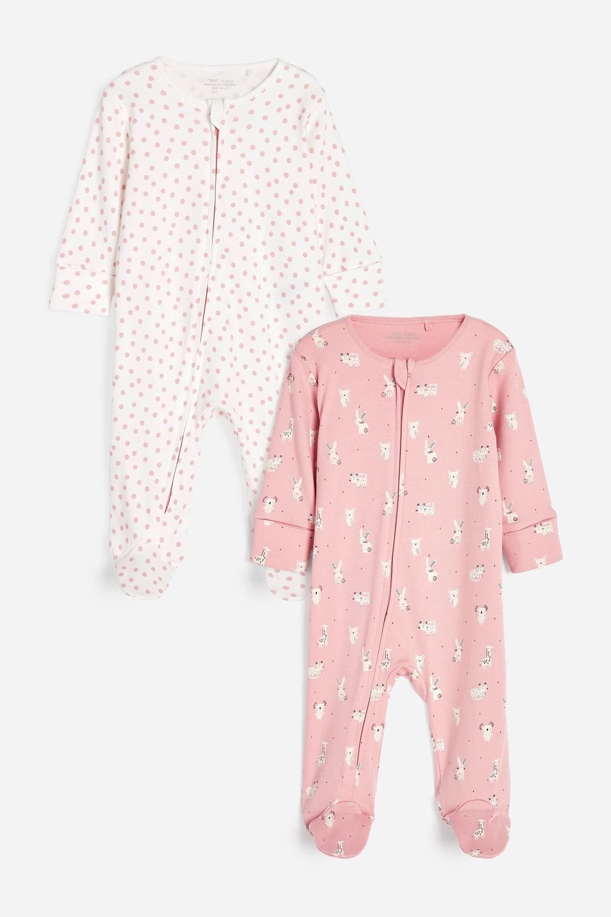 NEXT 2 Pack Zip Baby Sleepsuits Pink/White Girl