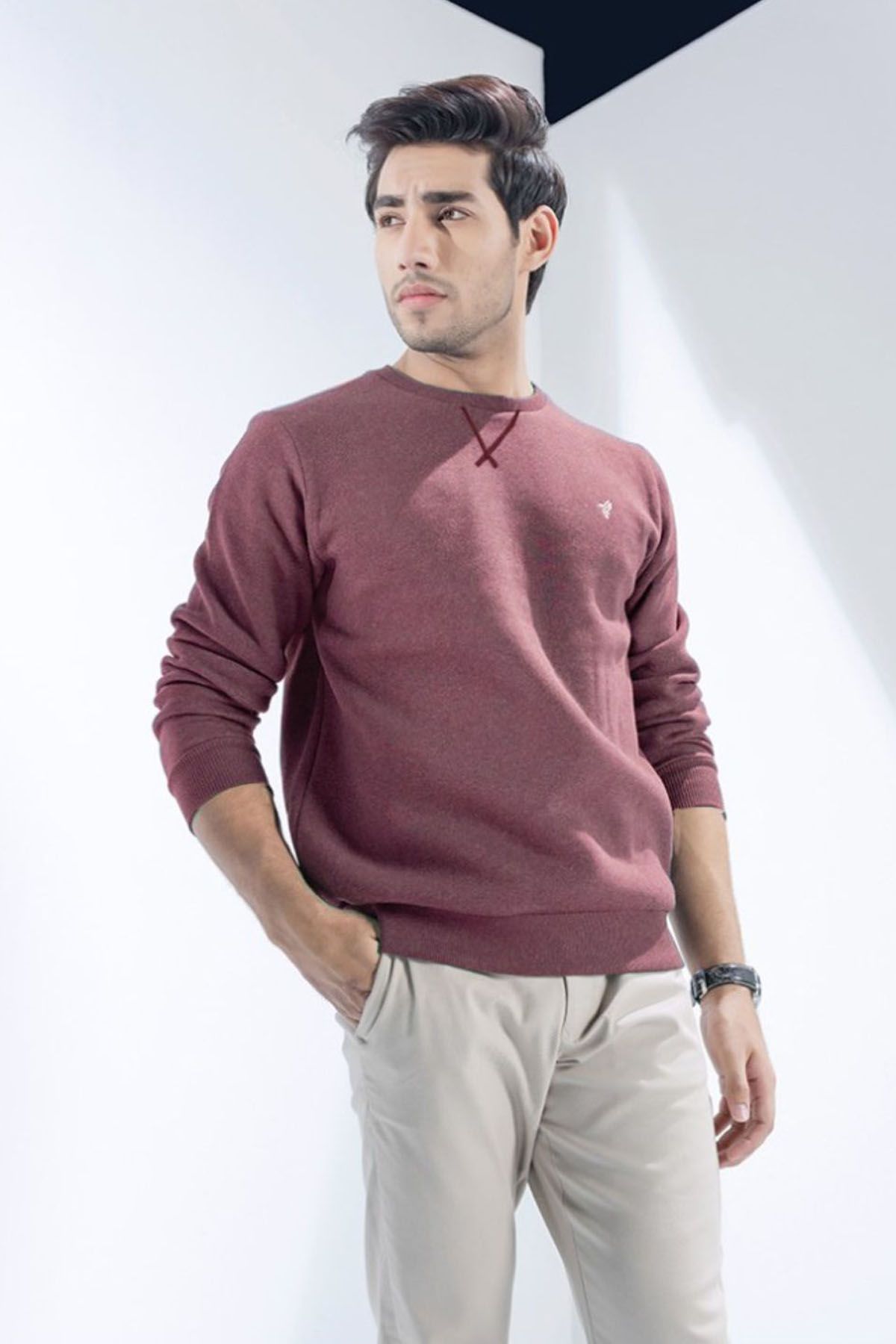 FITTED Textured Maroon Sweatshirt Maroon Men Sweatshirts